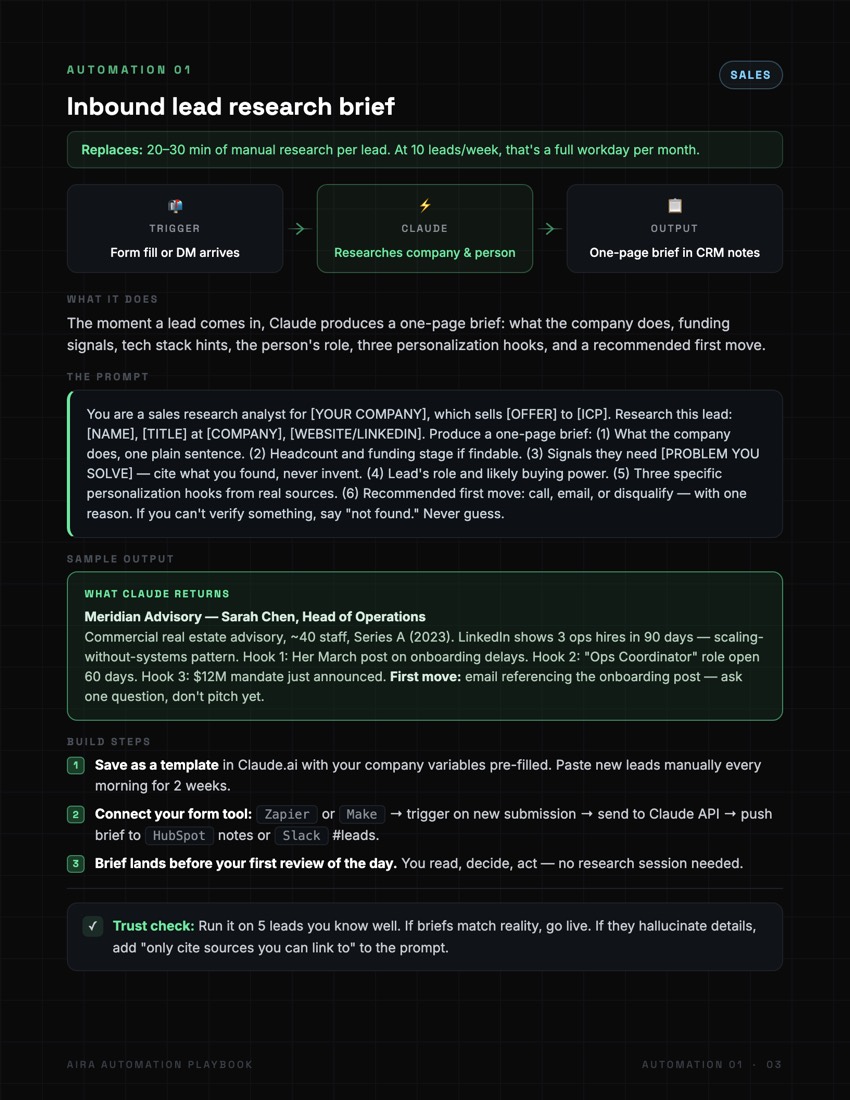 Automation 01 page from the playbook: inbound lead research brief, with workflow diagram, prompt, sample output, build steps and trust check
